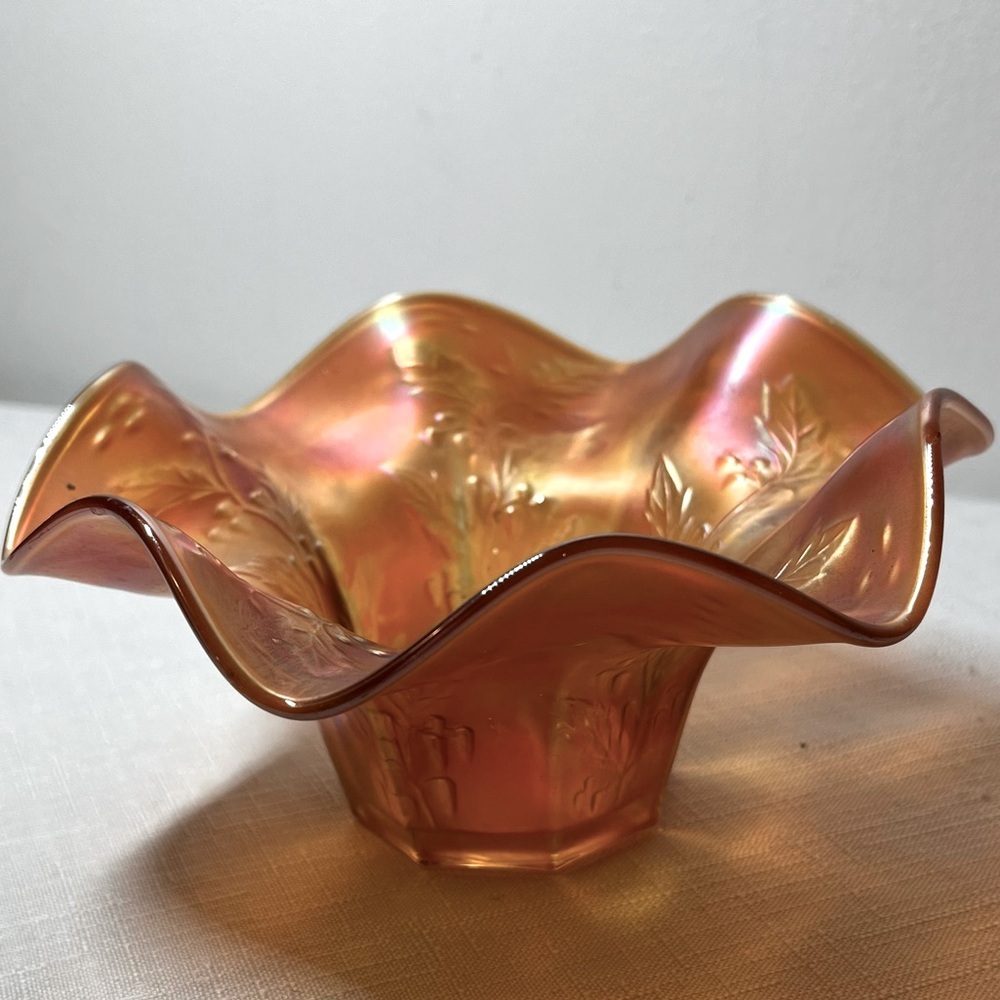 Antique Fenton Marigold Holly Carnival Glass Ruffled Candy Dish. Gorgeous!